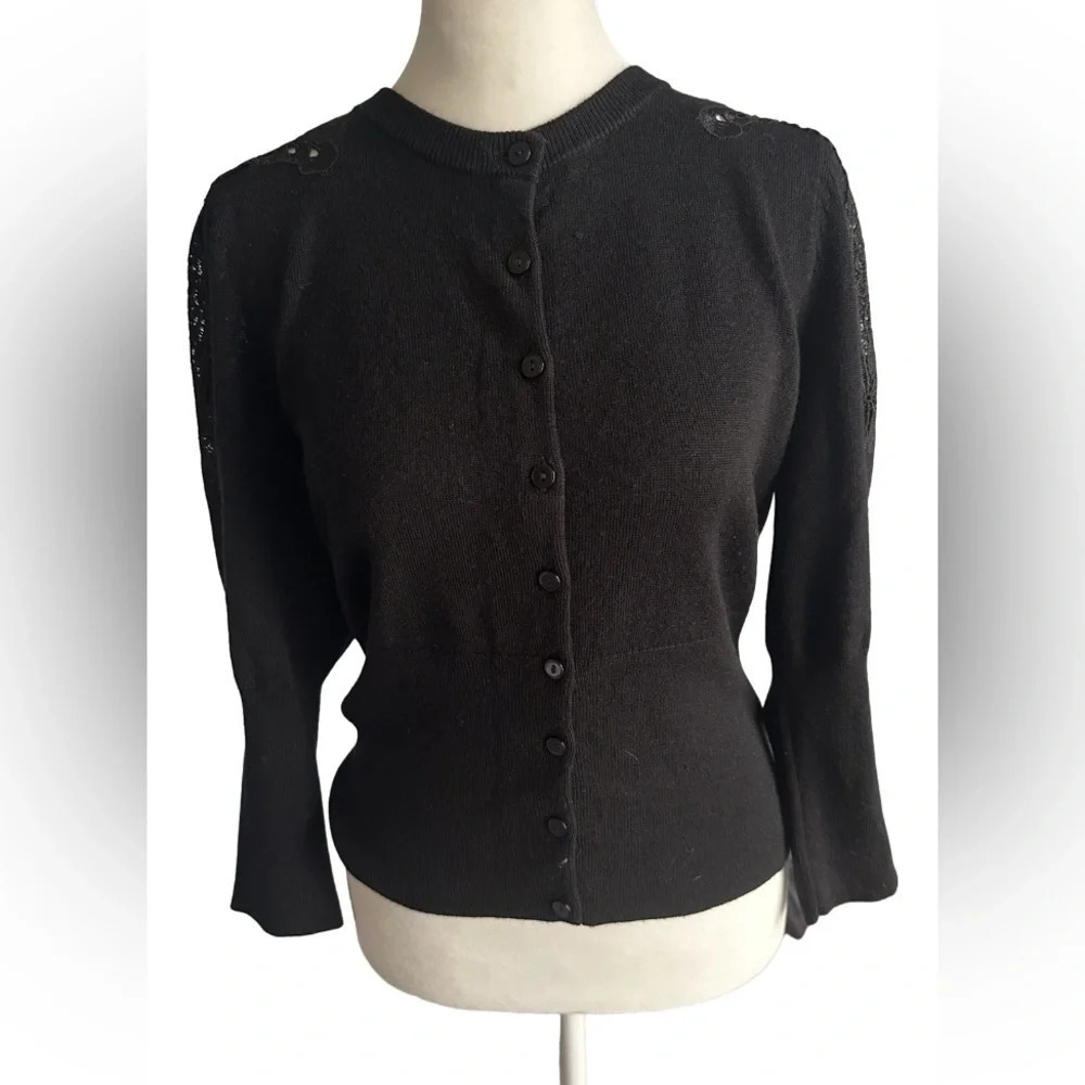 Antonio Melani Cardigan Women’s Sweater Small Black Long Sleeve Lace Wool Nylon